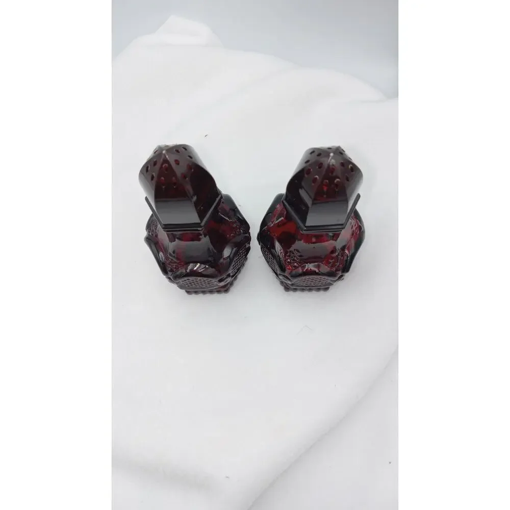 AVON Cape Cod Red Glass Salt &‎ Pepper/Talcom Powder Shakers May 1978 *READ*